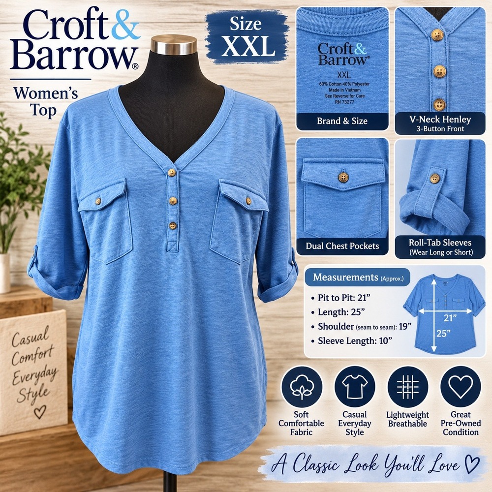 Croft & Barrow Womens XXL Blue V-Neck Henley Roll Tab Sleeve Top Pocket Tee